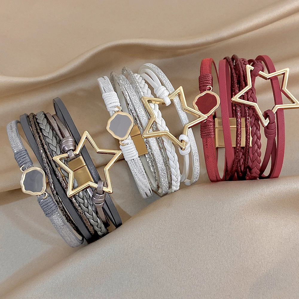 ALLYES Vintage Armband aus gewebtem Leder mit ausgehöhltem Stern für Damen, klobiges Boho-Mehrschicht-Armband, breites Wickelarmband, Charm-Schmuck – Detail 14