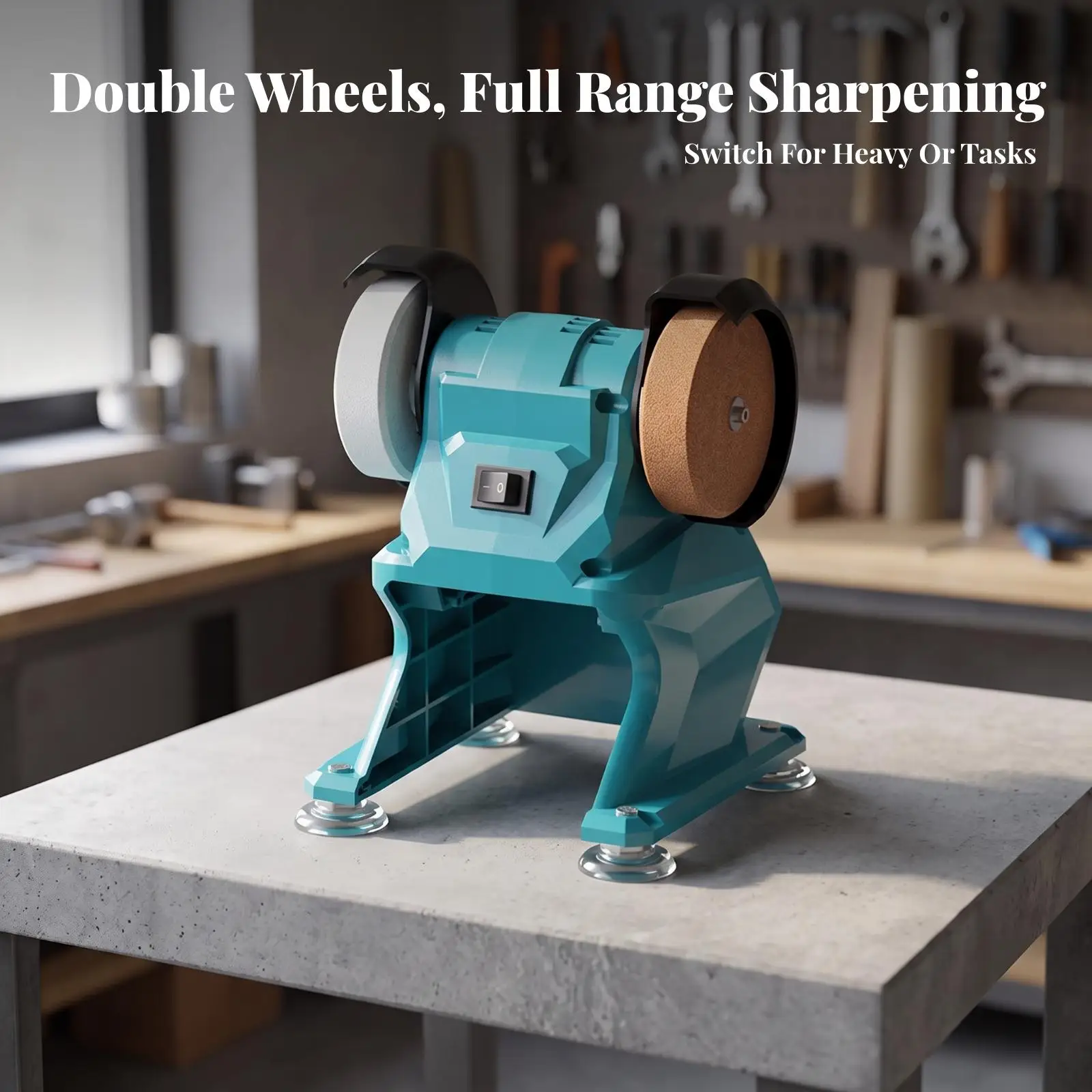 コンパクトな電動研磨機、デュアルホイールとフロントスイッチ付き、ガレージやワークショップでの金属研磨用途に最適