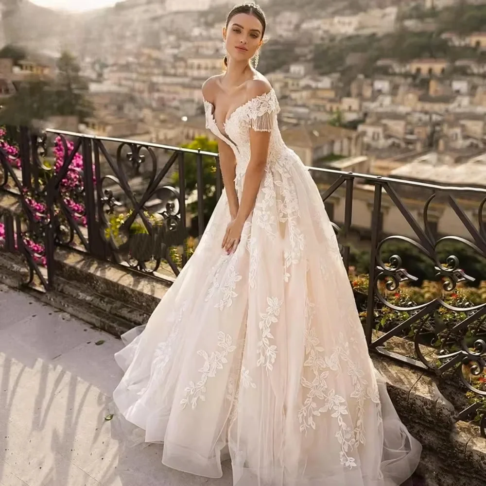 

Сексуальное кружевное свадебное платье с вырезом лодочкой и кисточками по индивидуальному заказу, аппликации из бисера, со шлейфом, трапециевидное винтажное платье невесты, Vestidos De Noiva