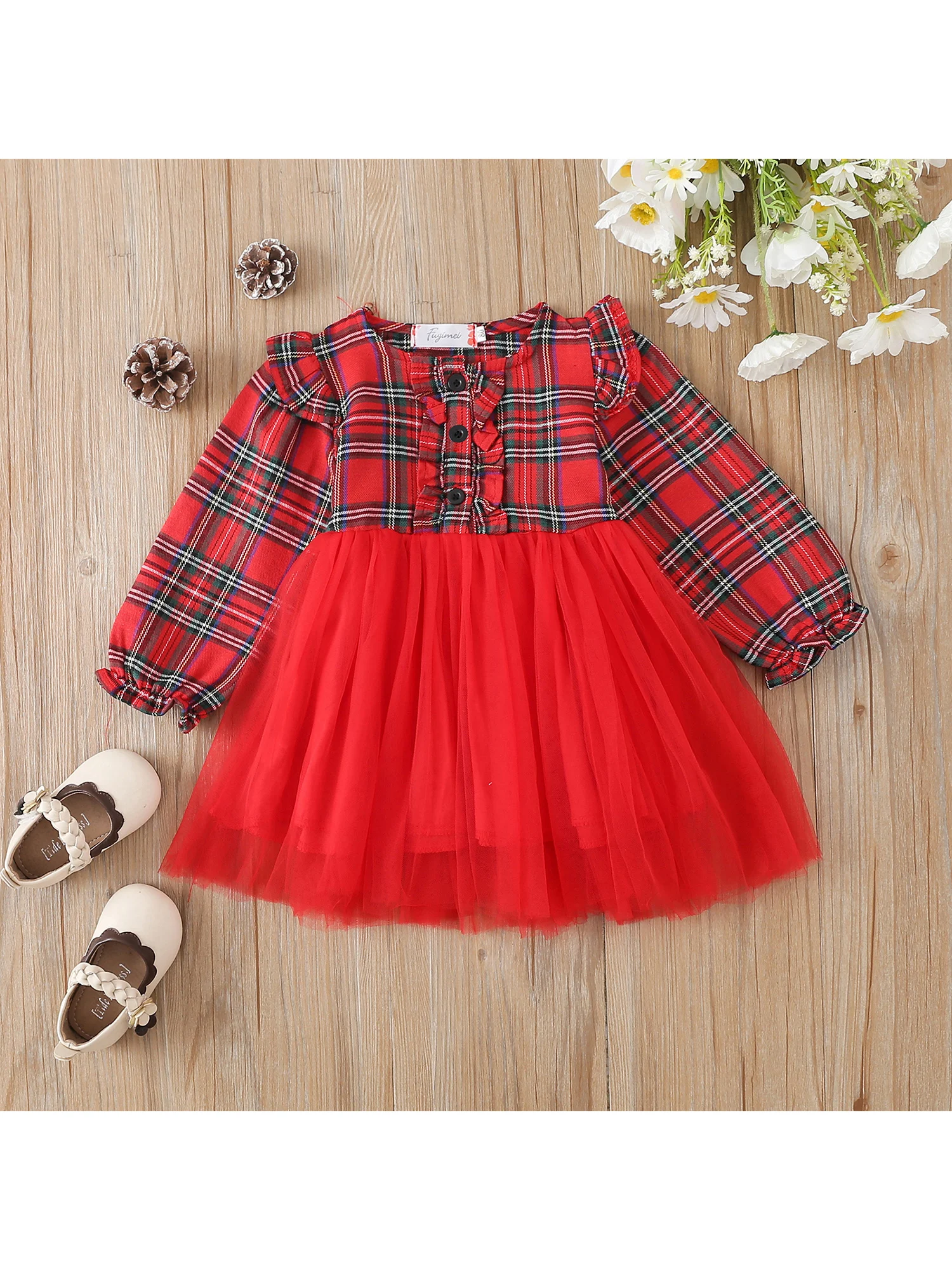 Girls Spring Autumn Long Sleeve O Neck Plaid Tulle Patchwork Dress with A-line Design for Toddlers