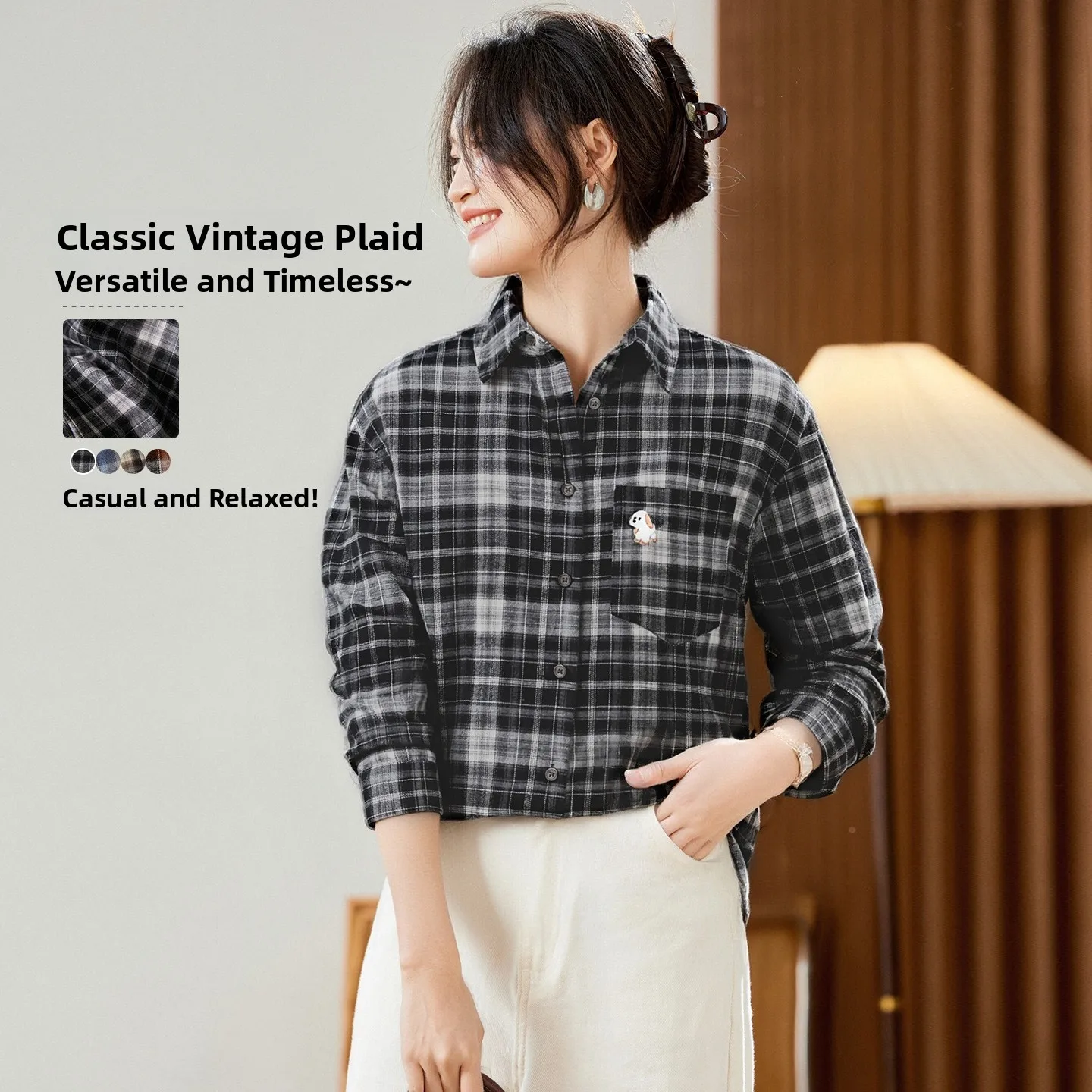 

Retro Plaid Cotton irt Women's Long Sve Outerwear Autumn Winter Lazy Layering Embroidery Top Trendy Loose Fit Hong Sle