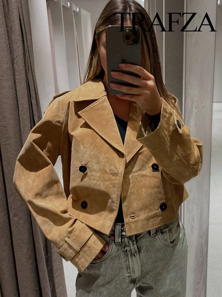

HH Woman Autumn Chic Lapel Long Sleeves Short Coats Women Fashion Pocket Double-Breasted Design Solid Street Style Jacket