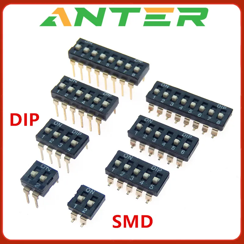 10pcs/lot Slide Type SMT SMD Dip Switch, 2.54mm Pitch 2 Row 4 Pin 2 Position / 8 pin 4 Position / 16 pin 8 Position