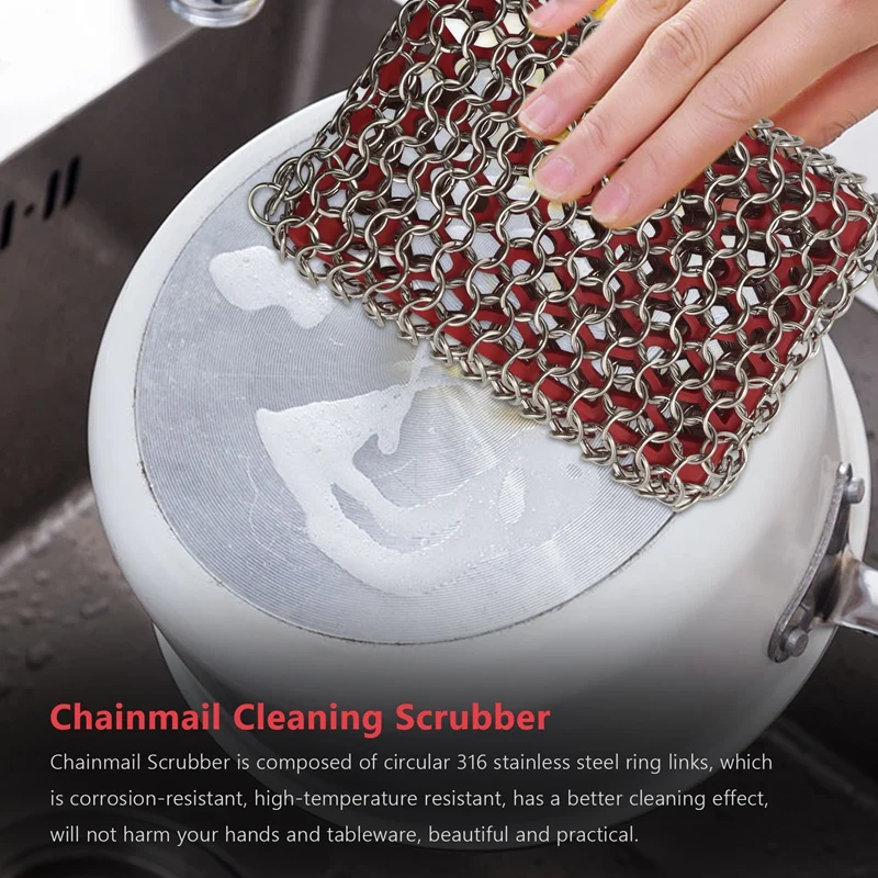 Cast Iron Skillet Cleaner,316 Stainless Steel Chainmail Cleaning Scrubber Silicone Scrubber,For Kitchen Cookware