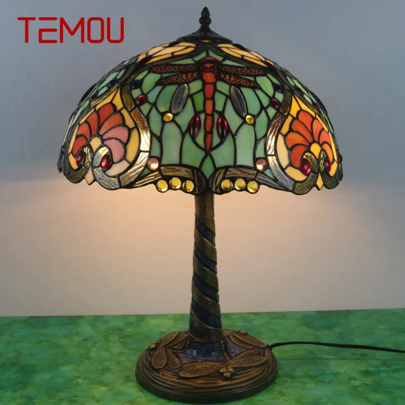 

TEMOU Tiffany Glass Table Lamp LED Creative Retro Dragonfly Desk Light Fashion Decor For Home Living Room Bedroom Bedside