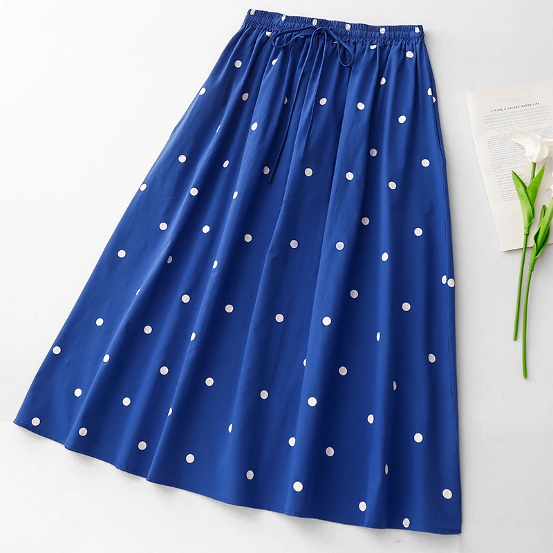 الأزرق البولكا نقطة القطن الخالص ألف خط ميدي تنورة المرأة الربيع الصيف جديد الخصر Cinching طباعة f طول مظلة تنورة