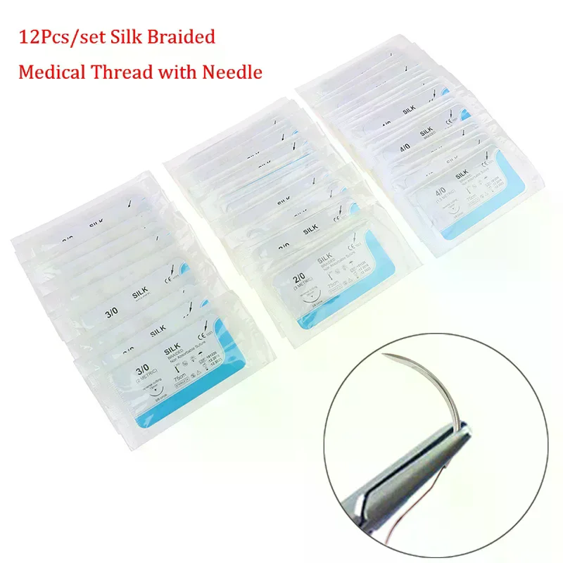 

12PCS Silk Dental Suture Kit Surgical Needle Thread for Medical Practice Training Home Teaching Lab Use