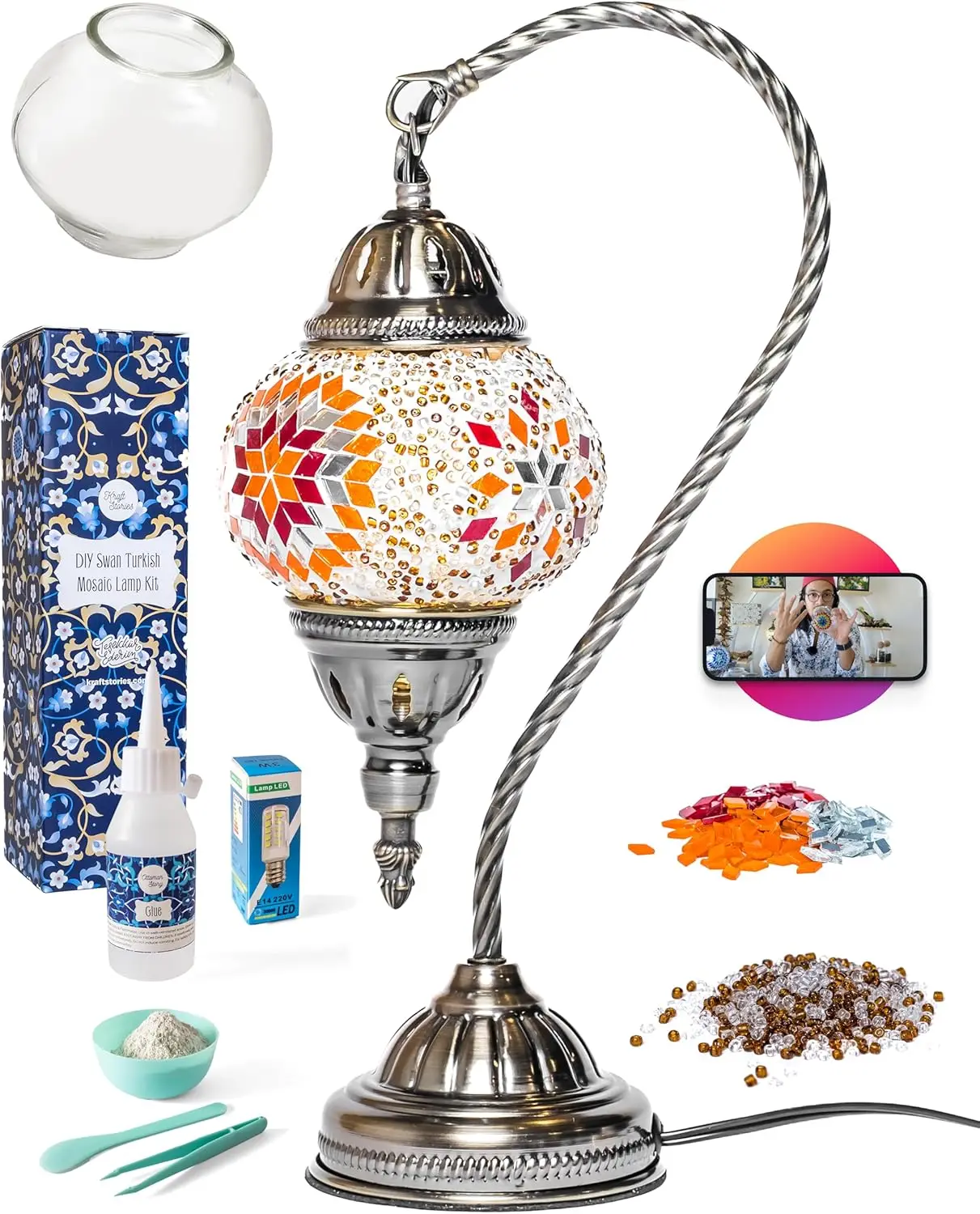 

DIY Mosaic Swan Neck Lamp Kit with Antique Bronze Base - Colorful Glass Nightstand Light for Living Room Bedroom