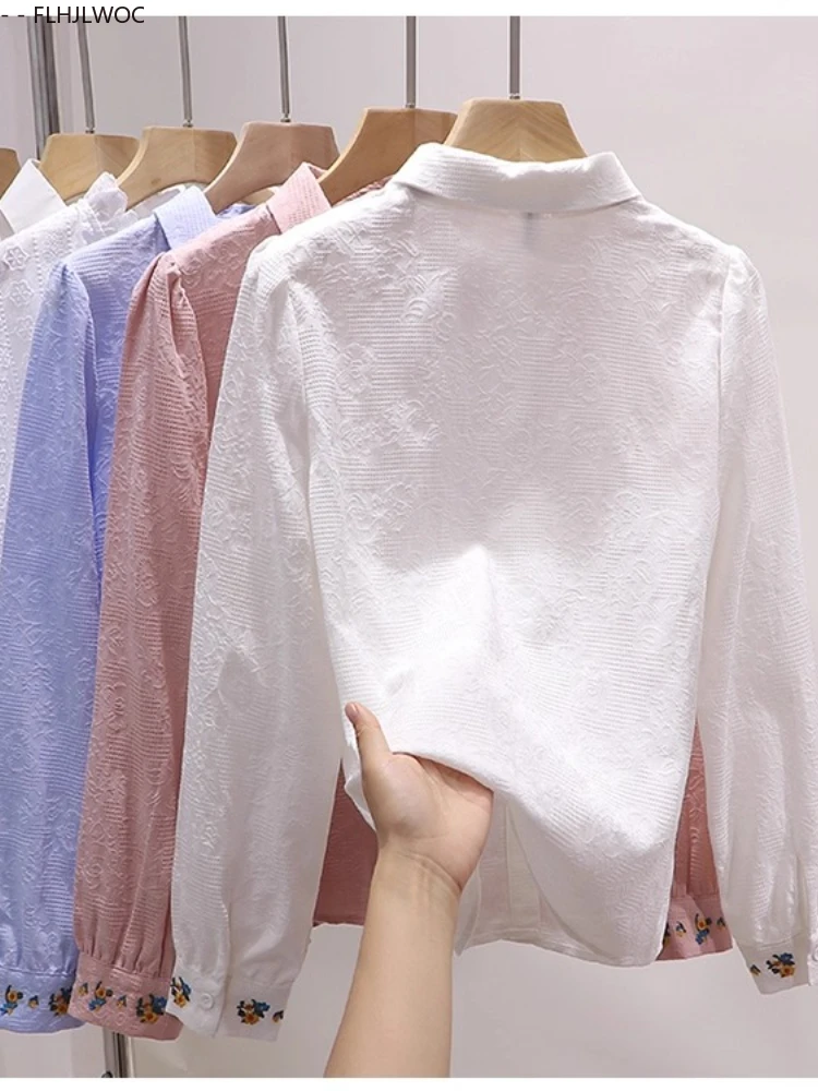 Blusas bordadas de algodão, blusas fofas para meninas, estilo preppy, retrô, vintage, gola peter pan, sólido, azul, rosa, branco, camisas básicas