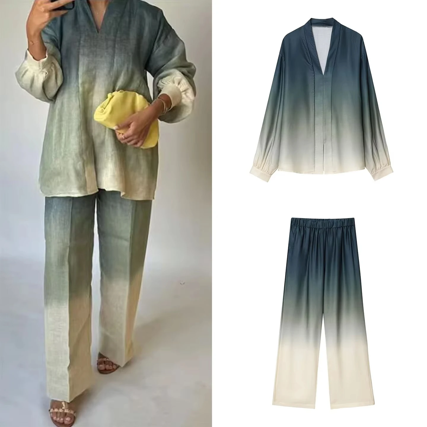 女性用バギーシャツとワイドレッグパンツセット,タイダイ,グラデーションプリント,ボタンブラウス,ロングパンツ,サテン,ヴィンテージ,シック,秋,新品