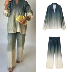 Tie Dye Gradient Print Loose Shirts Top Wide Leg Pants Sets New Autumn Button Blouse Long Trouser Satin Vintage Chic Women Suit