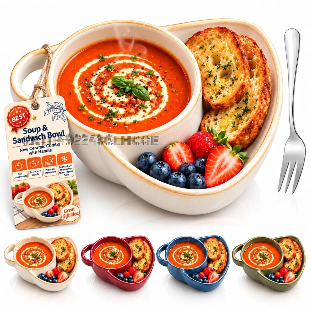 Soup And Sandwich Bowl With Bread Holder, 2026 New Ceramic Soup And Sandwich Plate Bowls Combo With Handles Compartment