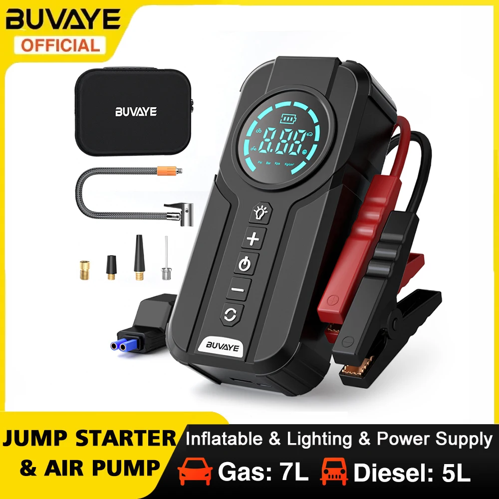 BUVAYE-bomba de aire 4 en 1 para coche, Inflador de neumáticos automático con Banco de energía, iluminación LED, potenciador de batería portátil,