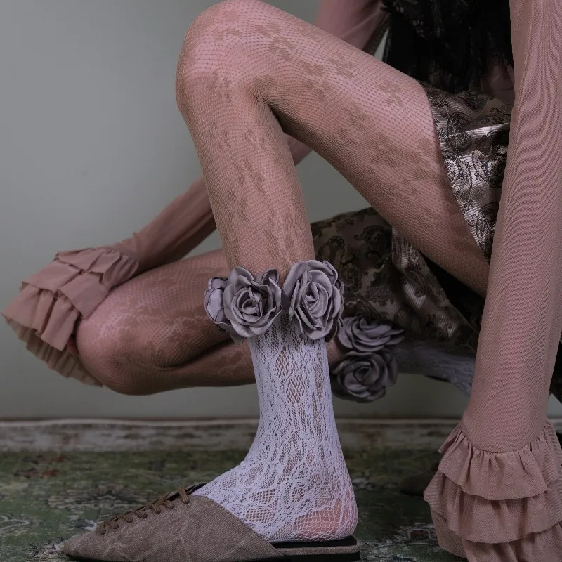 nude-floral-jacquard-mesh-tights-french-gentle-rose-pattern-pantyhosevintage-aesthetic-matching-light-grey-rose-knit-socks-set