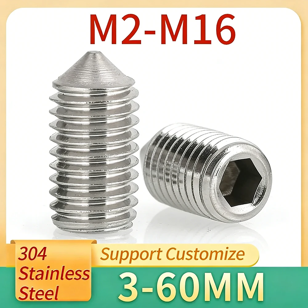 10pcs M2 M2.5 M3-M16 Hex Hexagon Socket Cone Point Grub Set Screw Bolts DIN914 304 Stainless Steel Support Customize