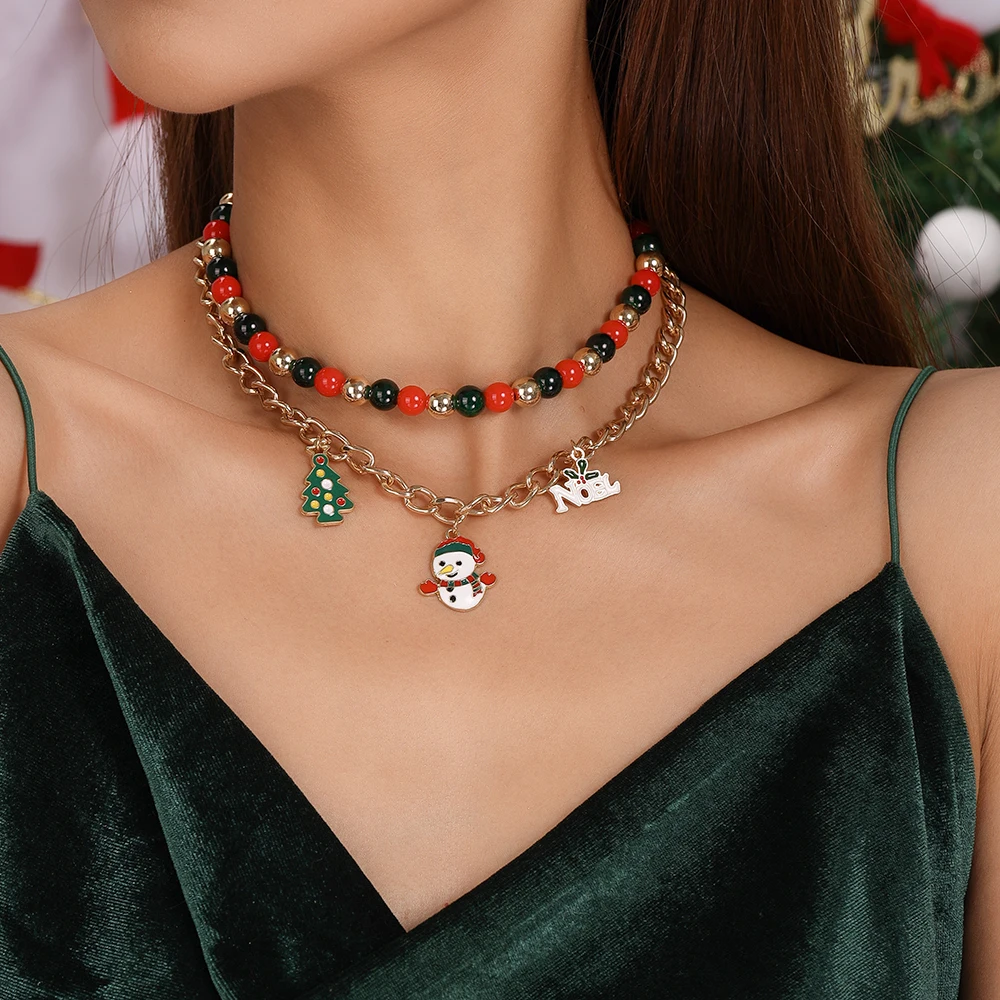 Modische handgefertigte Perlenkette für Damen, Weihnachtsanhänger mit Weihnachtsmann und Weihnachtsbaum, Halsketten für Mädchen, Neujahrsfest-Schmuck, Geschenke – Detail 9