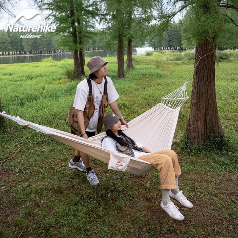 Naturehike Outdoor Double Hammock Wooden Pole Canvas Hammock Anti-rip Anti-rollover Swing Hammock Camping Picnic Leisure Tent