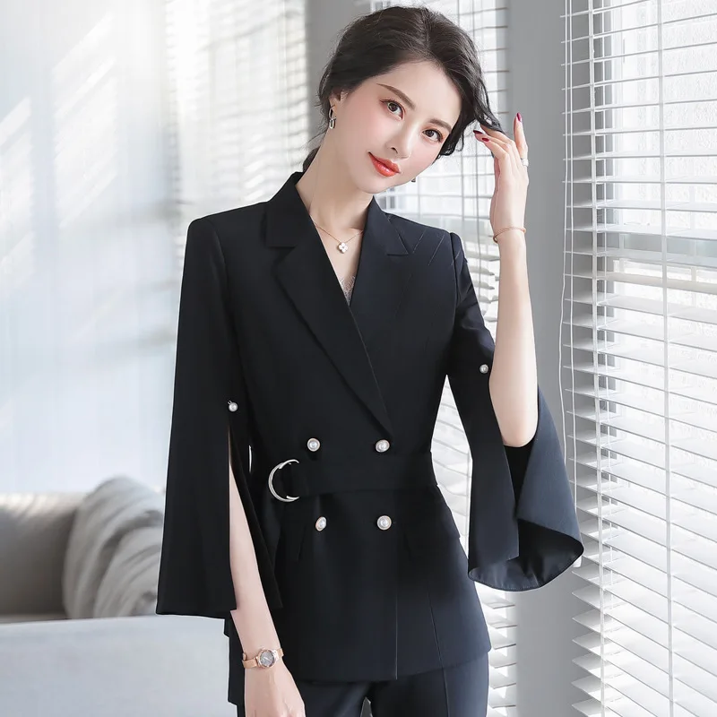 Women Elegant Pant Suit Split Three Quarter Sleeve With Belt Blazer Coat And Pencil Pant Fashion Two Pieces Set 4XL