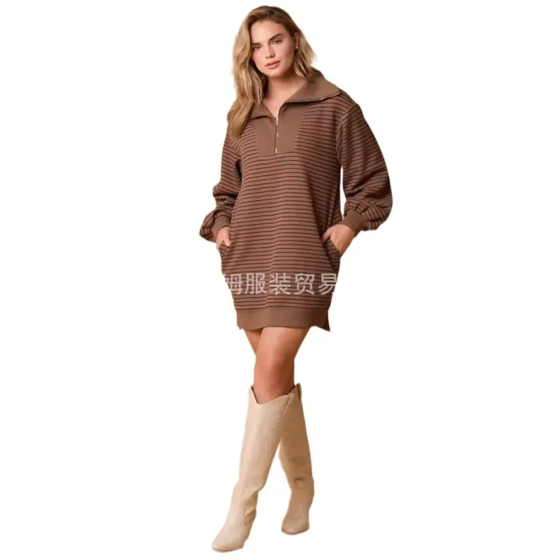 Abito ampio Stile semplice Abiti a righe 2025 Donna Risvolto Moda Casual Pendolarismo Homewear Abbigliamento per la casa Maniche lunghe