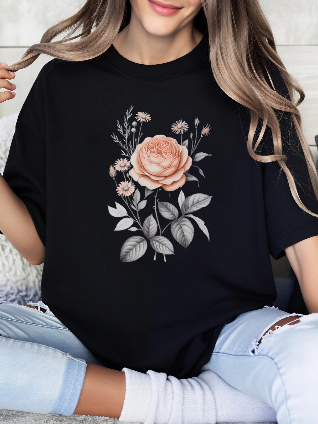 

Floral Rose Print T-Shirt for Women Casual Wear Spring Summer Black Plus-Size