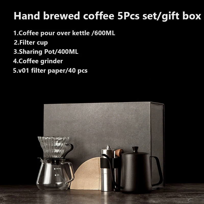 

5Pcs 600ml Drip Coffee Set Pour Over Kettle Gooseneck Spout Tea Pot Glass Filter Cup Paper Accessories Set Coffeeware Gift Box