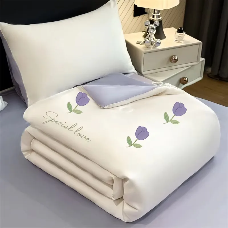Bedding Set Premium Sense Full Embroidery Series Cool Sense Single and Double Washed Ice Silk Summer Quilt Four-piece Set
