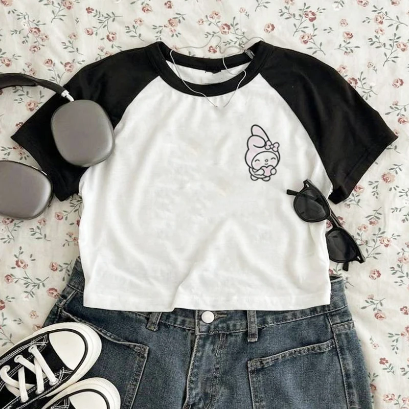 Camisetas Y2k Kawaii Kuromi Melody para mujer, Top corto informal de manga corta con cuello redondo, Camiseta ajustada de dibujos animados de Japón Harajuku