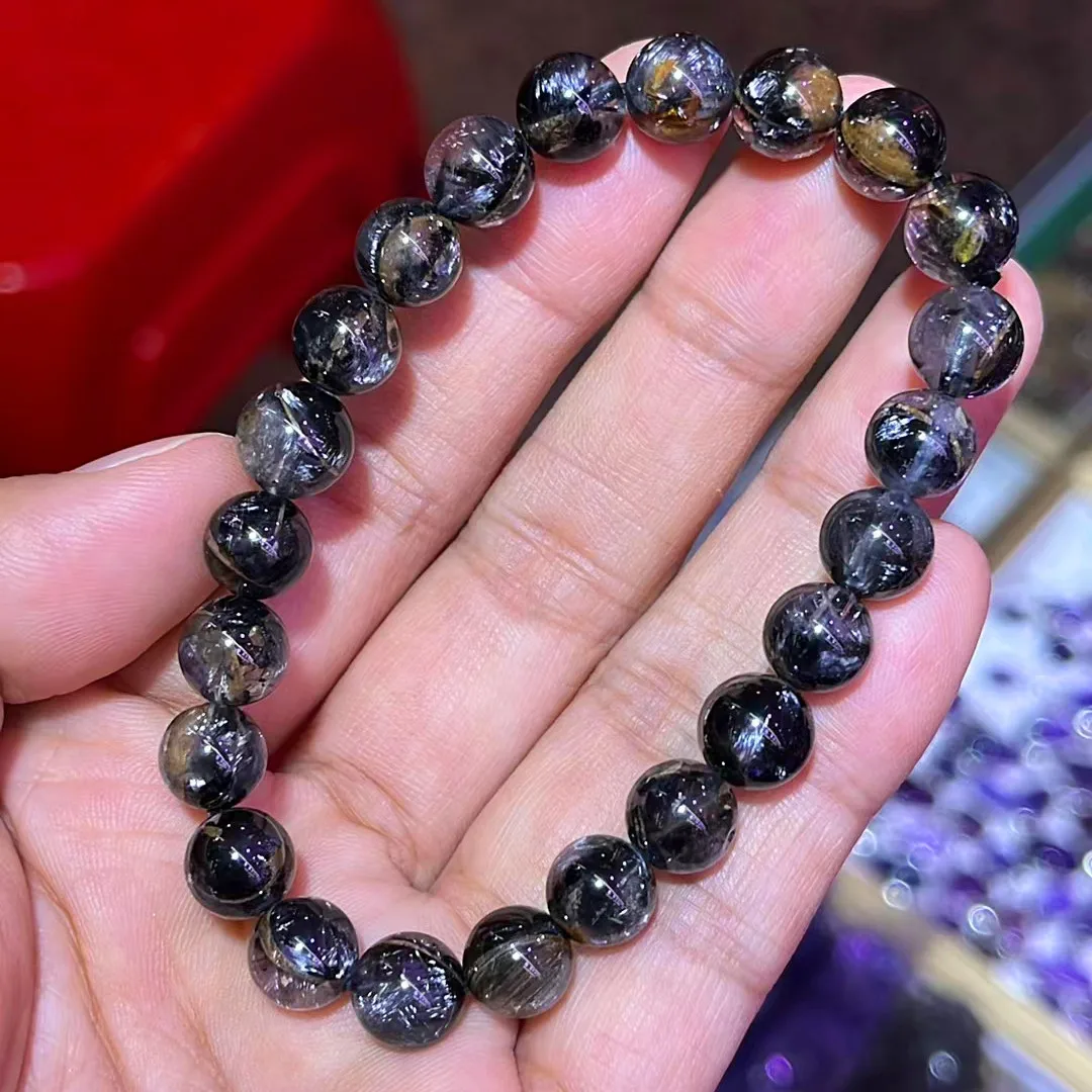 Natural Black Brookite Platinum Rutilated Quartz Bracelet Jewelry 8.2mm Clear Round Beads Women Men Fashion Rutilated AAAAAA