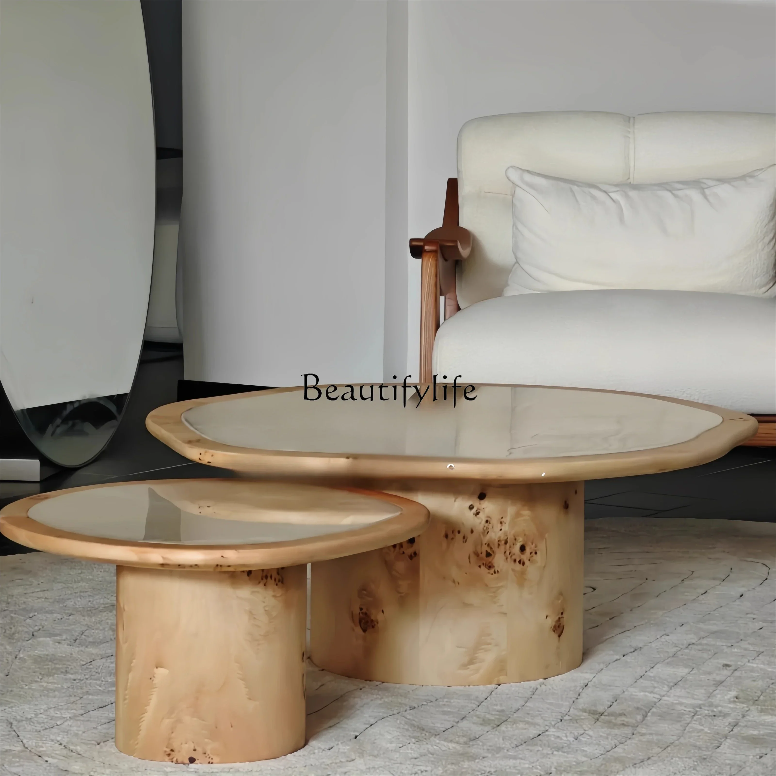 

04Vintage Style Solid Wood Tree Bark Coffee Table Wabi-Sabi Style Retro Corner Table