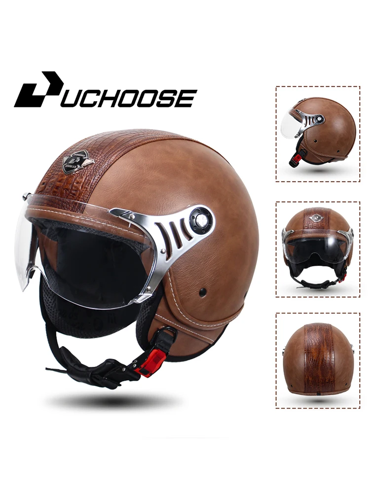 Vintage lederen open helm motorhelmen dubbel vizier DOT goedgekeurde heren retro 3/4 halve helm - afbeelding 2