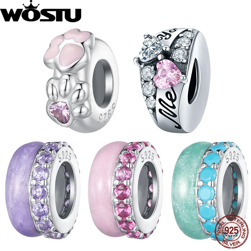 

WOSTU 925 Sterling Silver Colorful Double Silica Gel Charm Cat Claw Beads with Silicon Stopper Fit Original Bracelet Bangle DIY