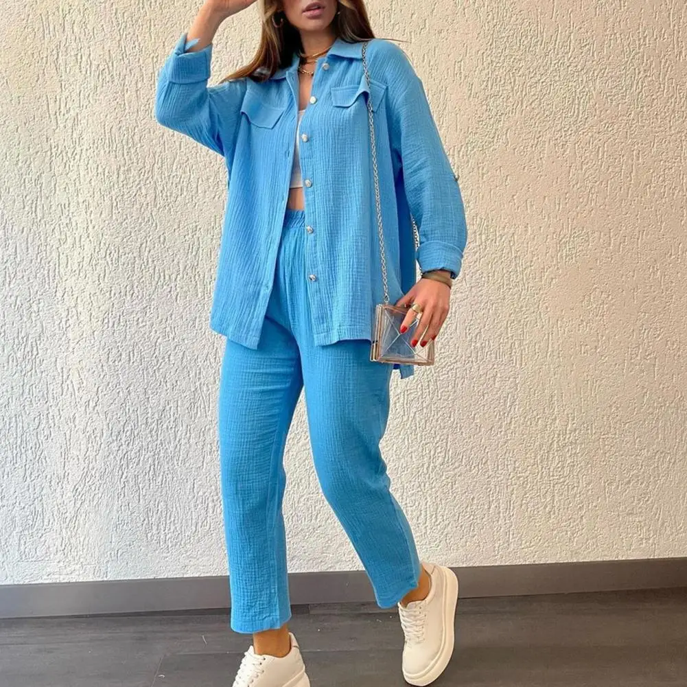 All-season Women Outfit Women's Casual Shirt Pants Set with Lapel Collar Single-breasted Blouse High Elastic Waist for Daily