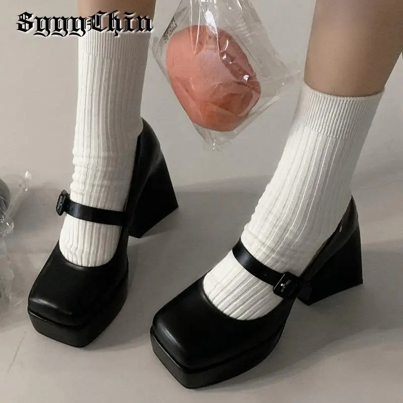 Spring New Women Mary Jane Pumps Ladies Platform Chunky High Heel Black Shoes Female Retro Elegant Dress Shoes Mujer Zapatos