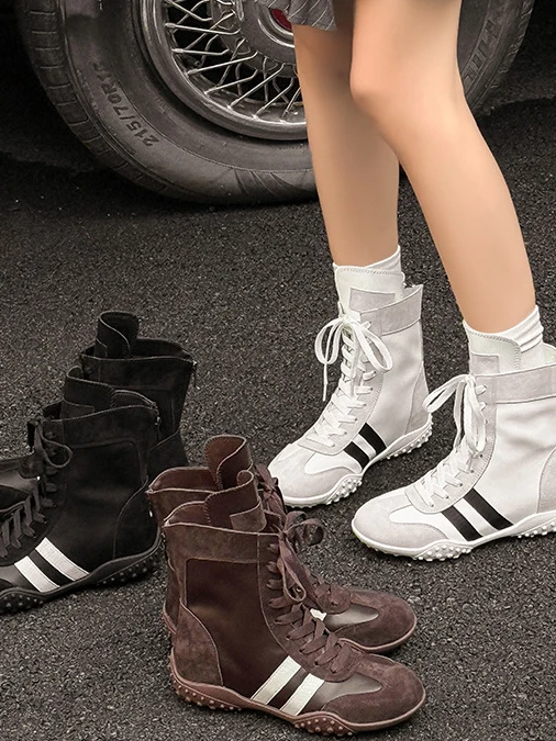 

Leather Boots Women's Trendy Flat Bot Casual Sports Faion ort Boots Versatile Mid-Calf Boxing Boots
