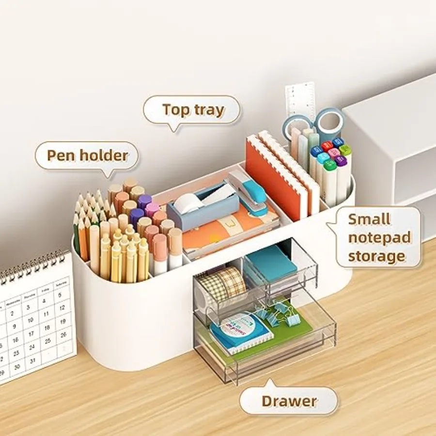 Desk Organizer Pen Holder for Desk with 3 Drawers, Multi-Functional Pencil Holder, Desk Organizers and Accessories with 7 Compa view 3