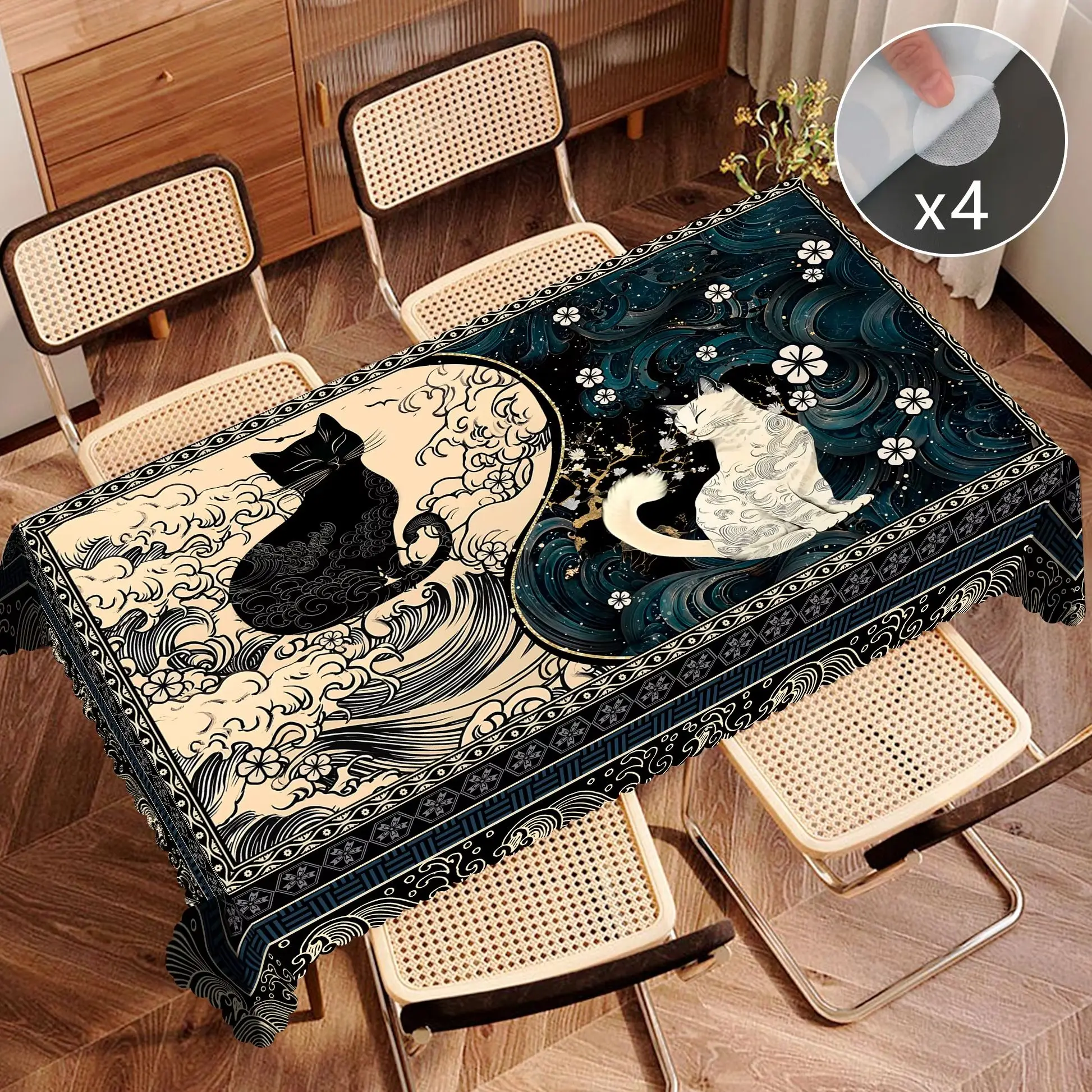 1 nappe ronde et rectangulaire à thème Yin-Yang Cat Spirit Tarot, disponible en différentes tailles, avec imprimé Tarot motif chat spirituel et vague noir et blanc doré à l'or fin, bords gaufrés, adaptée à un usage quotidien dans les salons, la terrasse, la divination tarot, et comme nappe pour les fêtes, les réunions et comme décoration personnalisée pour les voyants.