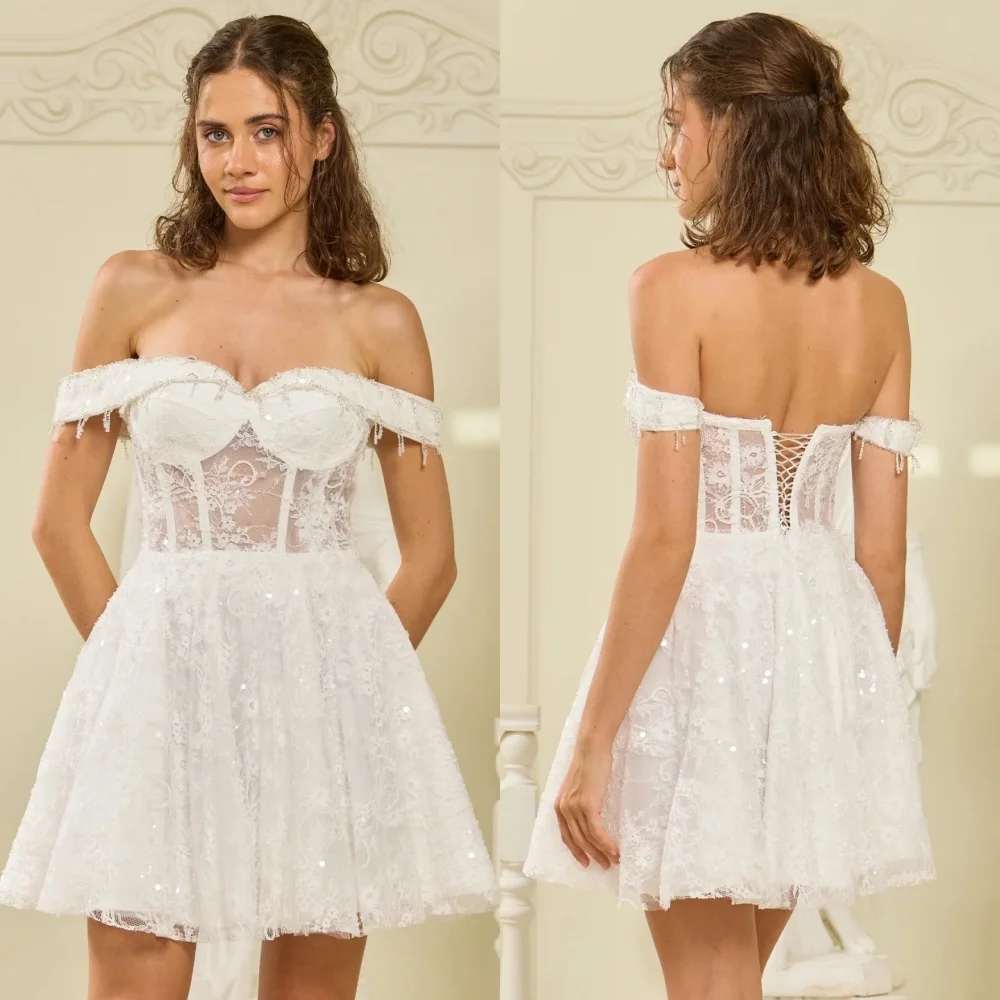 

Customized Intricate Fashion Lace Beading Sequined A-line Off-the-shoulder Mini Dresses Bespoke Occasion Dresses Sizes Available