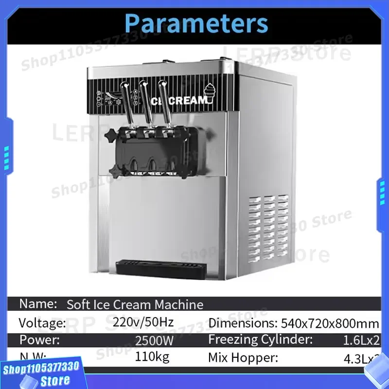 Commercial Desktop Soft Ice Cream Machine 2300W Three Phase Stainless Steel Black Automatic LED Control Panel for Shop Use