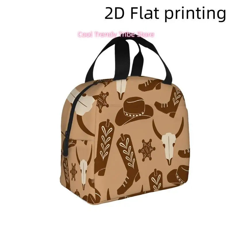 1pc, Featuring a Western Design with Boots, Hats, And Skulls on a Beige Backdrop. This Printed Insulated Cooler Bag Is a Reusabl