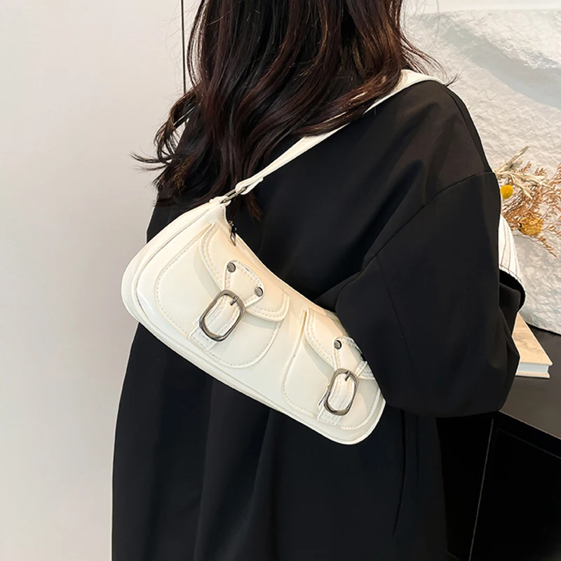 Vintage Schnallen-Dekor Damen Schultertaschen Retro PU-Leder Halbmondtasche Tägliche Pendler-Handtasche für Dates und Partys – Detail 5