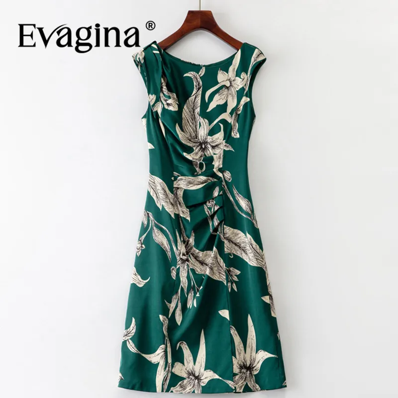 

Evagina Summer Women's Pencil Dress Floral Print Sleeveless Folds Splicing Slim Office Work Green Dresses