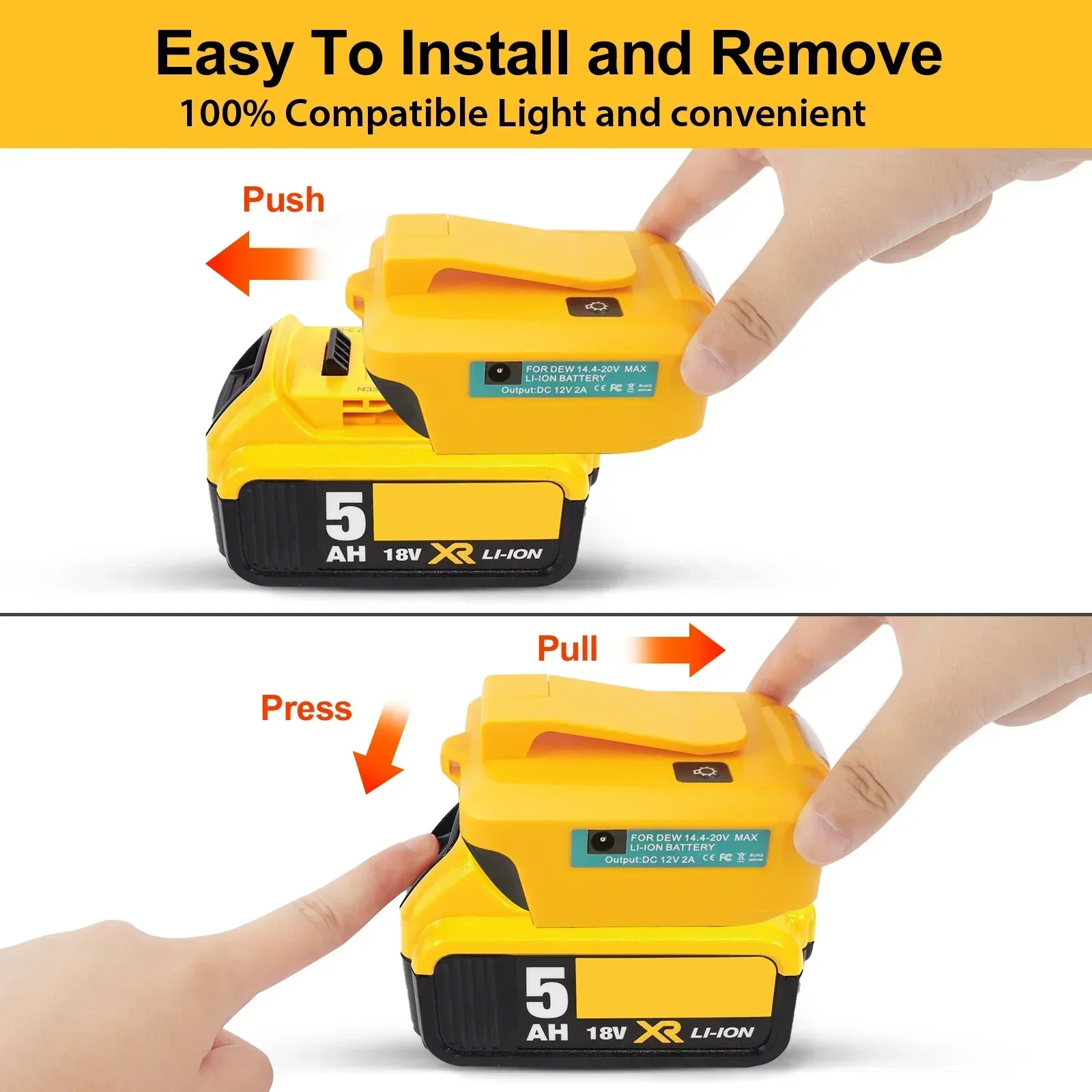 Imagem -06 - Adaptador de Bateria para Luz de Trabalho Dewalt Led Usb 18v 20v 60v Li-ion Battery Power Tools dc 12v 2a Output Charger com Cortiça