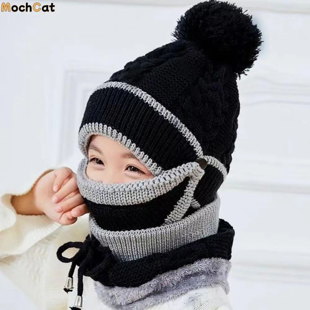 

With Scarf Knitting Hat Girls Boys Fleece Lining Neck Warmer Kids Winter Hats Hedging Hat Scarf Set Kids Caps Baby Bonnet