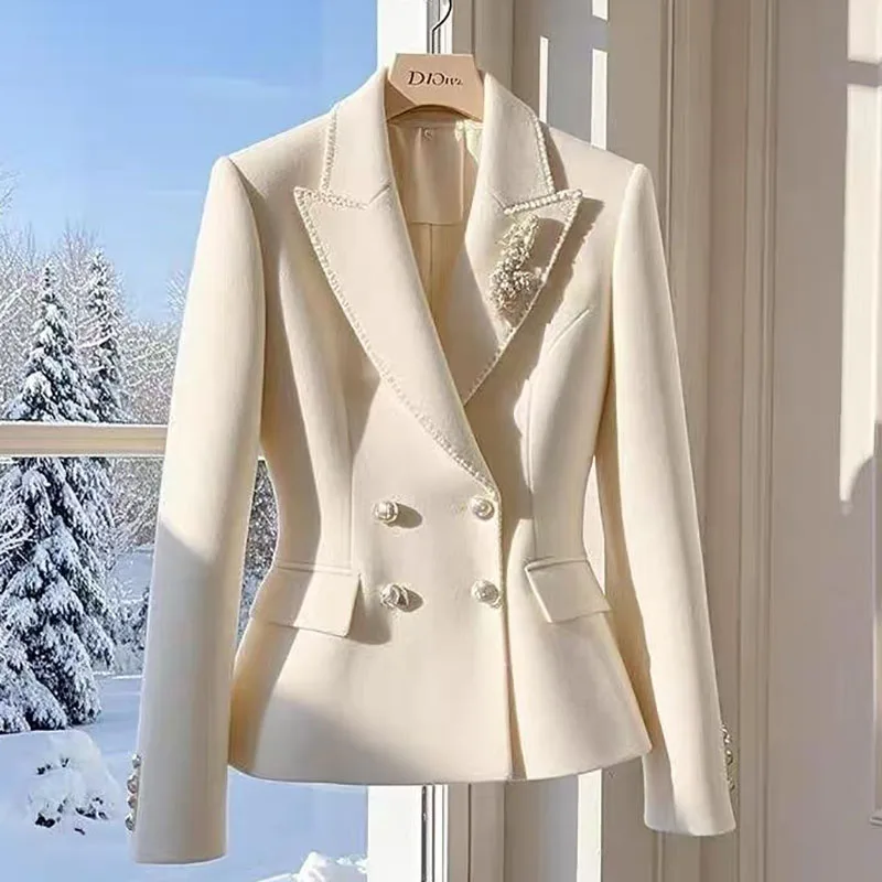 여성용 가을 블레이저, 양모 격자 무늬 정장 코트, PU 가죽 스플라이스 라펠 짧은 재킷, 여성 의류, 2023 년 신제품