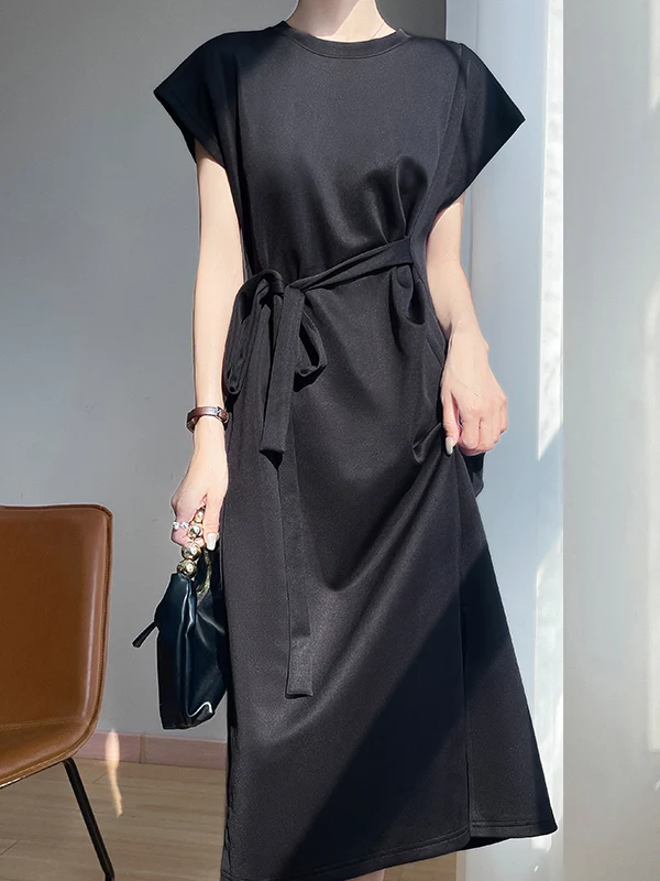 Estate 2025 Nuovo acetato di raso Dr delle donne rotonde Ne Semplice simulazione seta Faion con cintura gonna longuette Pendolarismo Basic Sle