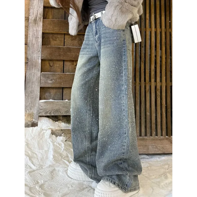 Women Wide Leg Jeans High Waist Sequin Embellished Gradient Wash Denim Pants Casual Fashion Trousers