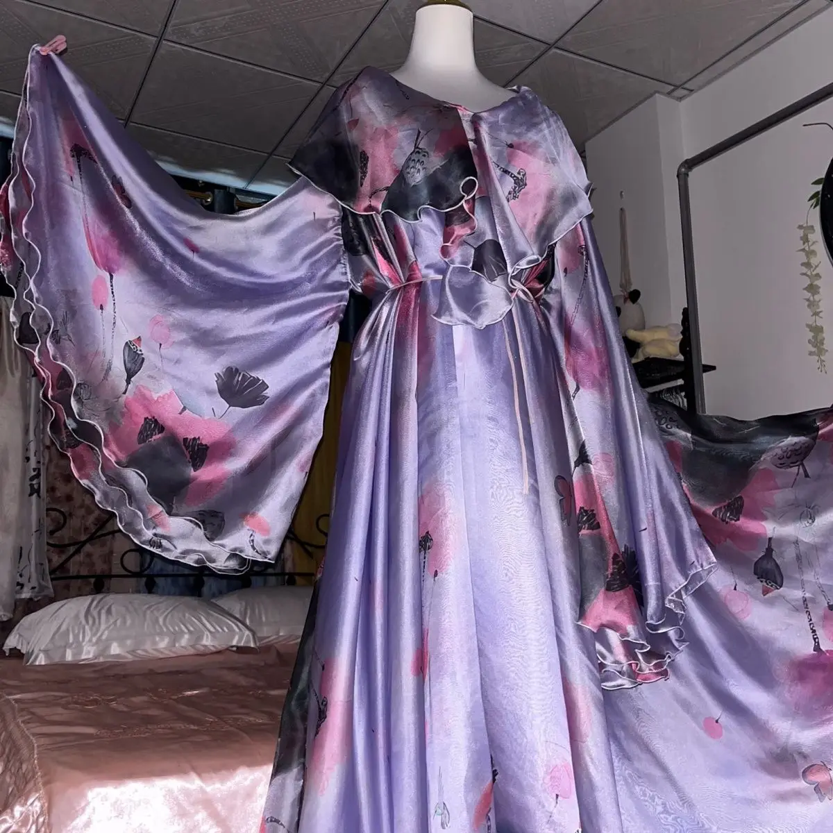 Błyszcząca Fioletowa Satynowa Sukienka Maxi z Jedwabiu dla Kobiet, Luźna, z Długim Rękawem, Plus Size, Seksowny Szlafrok do Spania