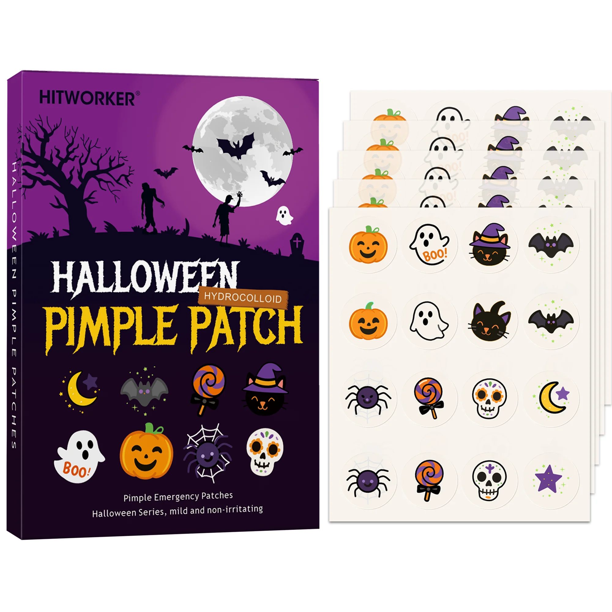80 قطعة من رقع حب الشباب ذات طابع الهالوين، ملصقات بقع غروانية مائية غير مرئية مع تصميمات قبعة الخفافيش والساحرة، كوف عيب غير قابل للحكة #3