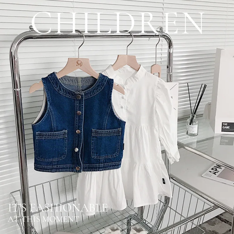 Spring Autumn 1-8Y Girls 2PCS Clothes Set Round Collar Puff Sleeves Kid Girl Dress Single Breasted Toddler Girls Denim Vest Suit