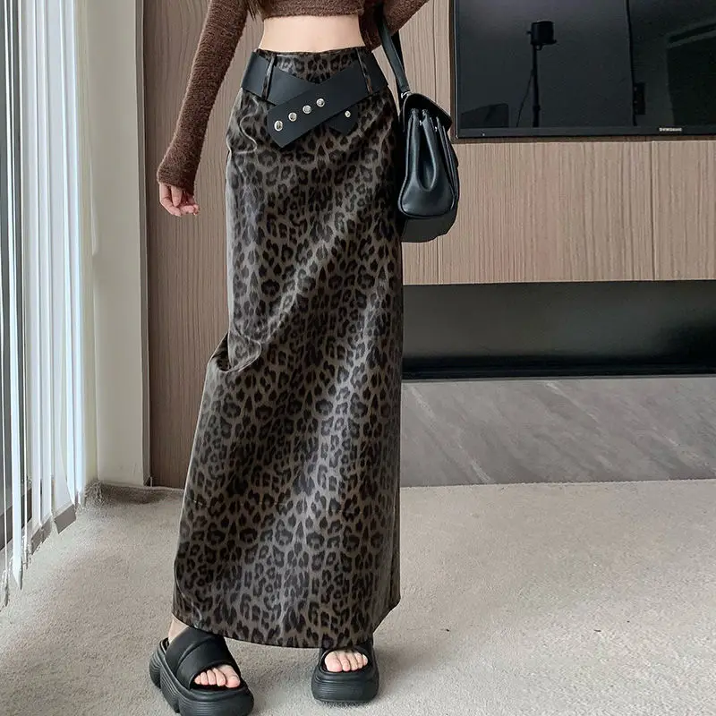Women's Leopard Print Long Skirt, Leather Skirt, Hip-hugging Slit, Fashionable High-waisted Long Belt Skirt